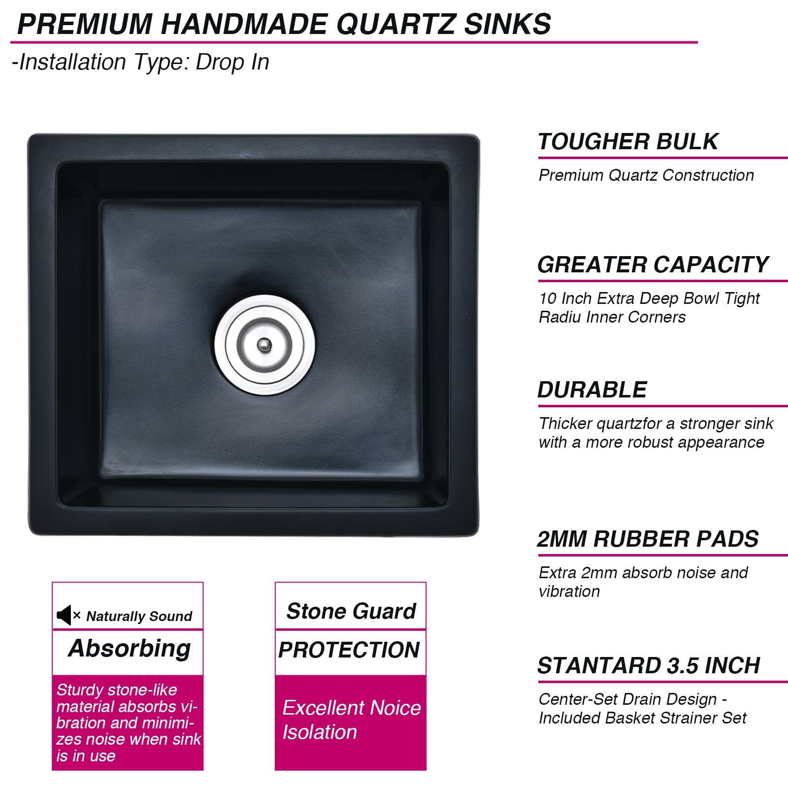 PROOX 18" L X 16" W Bar Sink Undermount Quartz Kitchen Sink With Basket Strainer Bed Bath